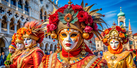 carnival costumes and masks at venice carnival parade in st. mark's square, celebrating rich culture and festive spirit with elaborate designs and colorful attire 