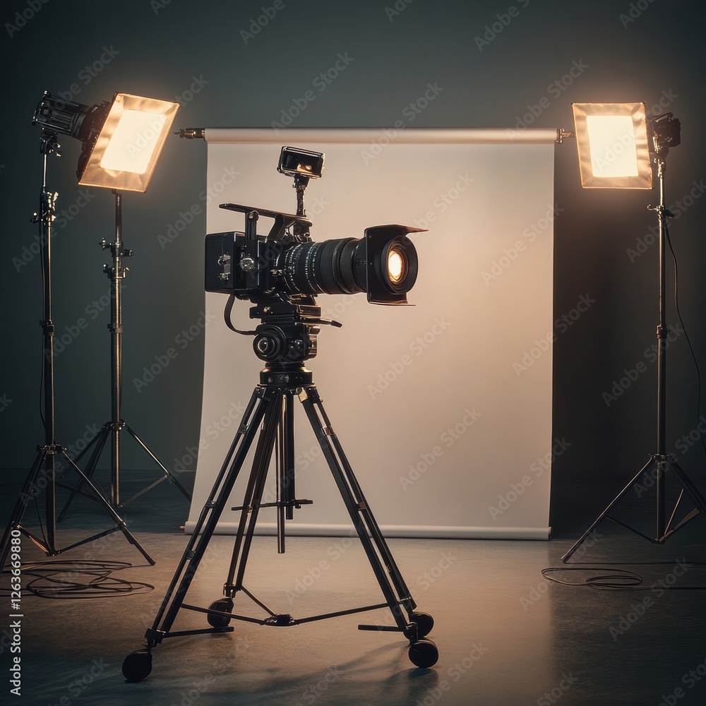 Leinwandbilder professional camera setup with lights and backdrop for studio photography in a dimly lit environment