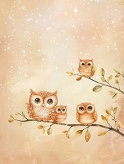Fototapeta premium A family of owls on a tree branch, childlike sketch style, bright warm colors, soft starry sky background, 
