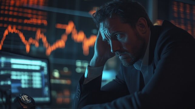 Stressed business man crypto trader broker investor analyzing stock exchange market crypto trading decreasing chart data fall down loss, desperate about losing money of crisis, recession, inflation.