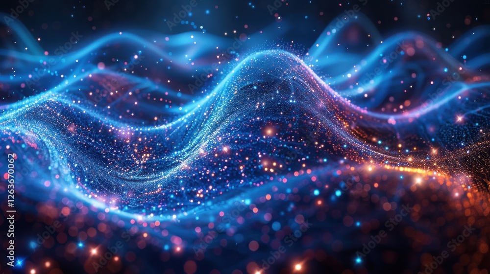Fototapete flowing particle wave, abstract tech design, hi-tech big data background for business cards, banners