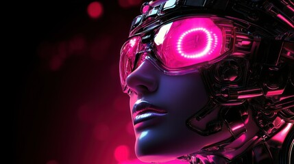 The head of artificial intelligence that will be ready to help human work, with pink neon lights in the background creating a cinematic setting.