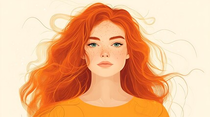 Portrait of a young woman with long, flowing ginger hair and freckles, wearing a mustard yellow top.