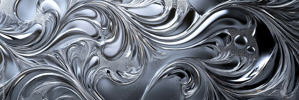 Poster swirling patterns of reflective liquid metal showcasing unique textures and depth