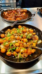 chicken with vegetables . asian food, new potatoes with vegetables and soy sauce sprinkled with herbs in large black cauldrons in a restaurant
