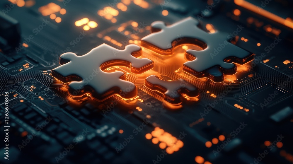 Poster two interlocking puzzle pieces, glowing with a soft orange light, rest on a futuristic digital circu