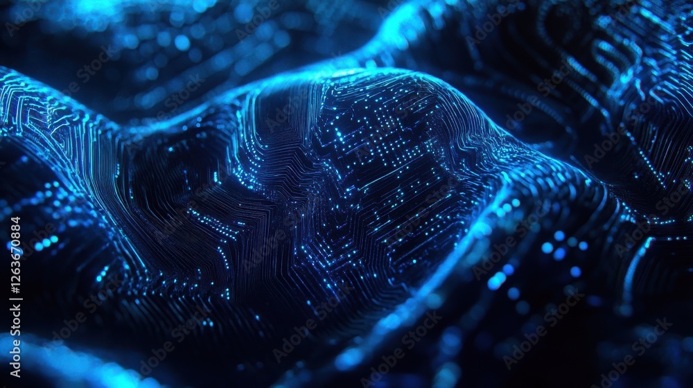 Poster an abstract hacking-themed background featuring intricate circuitry patterns in neon blue and black 