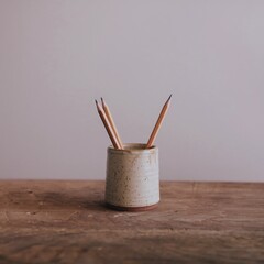 Aesthetic arrangement of wooden pencils in a ceramic holder on a rustic wooden table