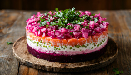Beet salad. beetroot salad (vinegrette) with beetroot, potato, carrot, peas, cabbage and parsley over rustic wooden table