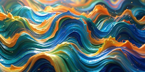 Vibrant Abstract Art: Dynamic Waves in Blue, Orange, and Yellow (Highlights colors and artistic nature)