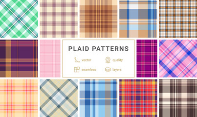 Vibrant collection of 12 seamless plaid patterns.  Perfect for textile design, website backgrounds, or fashion illustrations.