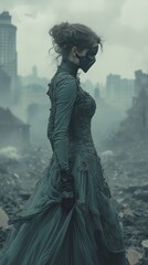Fototapeta premium Post-Apocalyptic Elegance – Woman in a Mask Walking Through Ruins