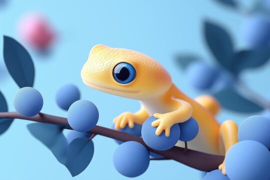 A cute, stylized yellow gecko perched on a branch with blue berries against a soft blue background. The gecko has large, expressive eyes and a smooth texture, adding to its whimsical appearance.