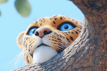 Obraz premium A cartoon-style leopard character peeking out from behind a tree branch, with bright blue eyes and a playful expression. The background features a clear blue sky.