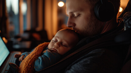 Fototapeta premium A father rocking his infant to sleep in a baby carrier while attending a virtual meeting, his headset on and laptop open
