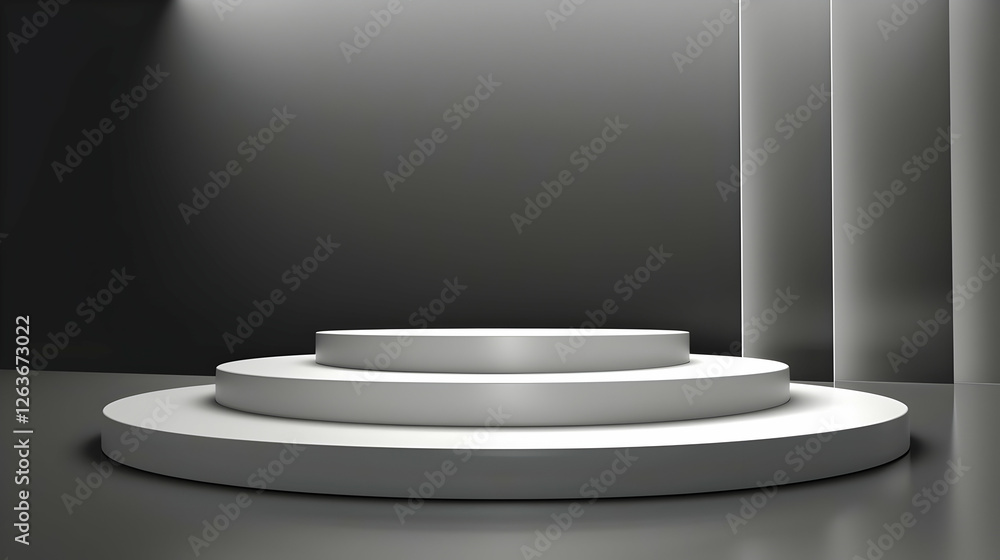 Poster modern circular podium in a minimalist studio setting with soft lighting and shadows