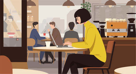 Woman working at local cafe with laptop. Minimalist flat design illustration