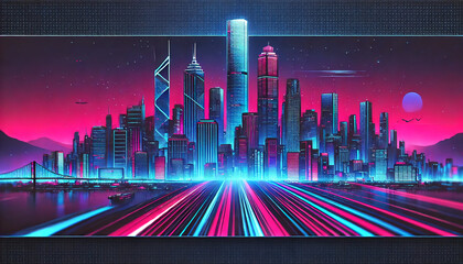 サイバーパンク都市の夜景 – ピンクとブルーの未来的スカイライン