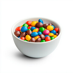 Assorted chocolate candies in bright bowl, showcasing sugar coating and crunchy texture. Chocolate candies deliver sweet joy and vibrant colors for fun party treats.