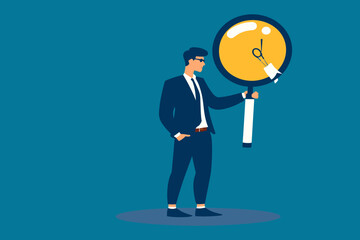 Businessman Searches for New Opportunities and Innovative Solutions with Magnifying Glass