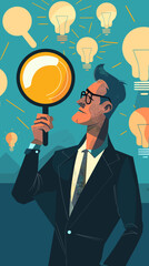 Businessman Searches for New Opportunities and Innovative Solutions with Magnifying Glass