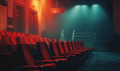 Empty red theater seats await moviegoers in a dimly lit cinema setting