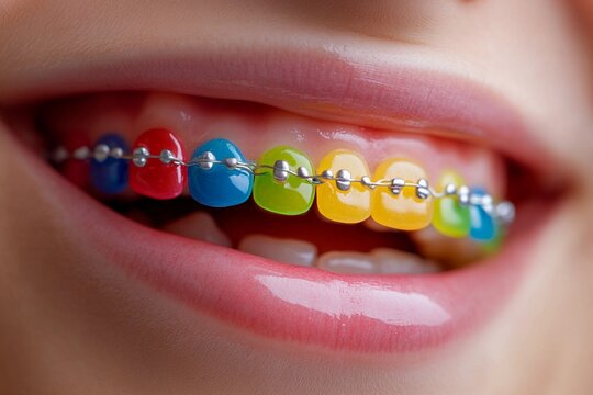 Close-up of colorful rubber bands on braces