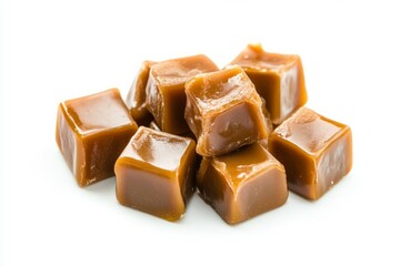 Caramel candy cubes on solid white background. Neural network AI generated