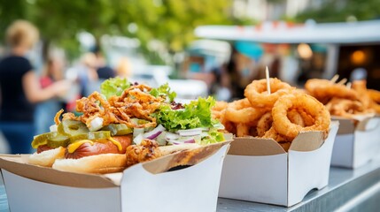 Hot dogs, onion rings, food truck