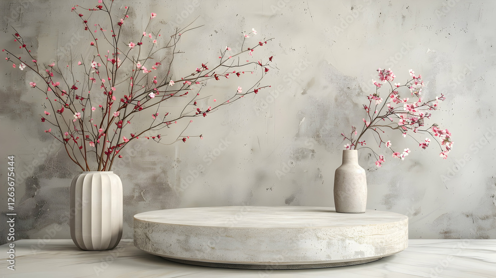Poster elegant arrangement of vases with blooming branches on a minimalist marble table in a serene setting