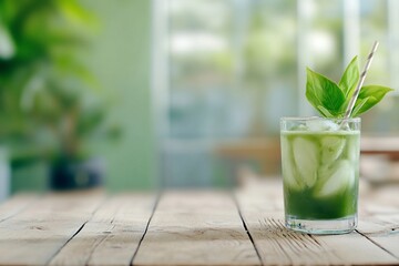 Iced Matcha drink on wood table