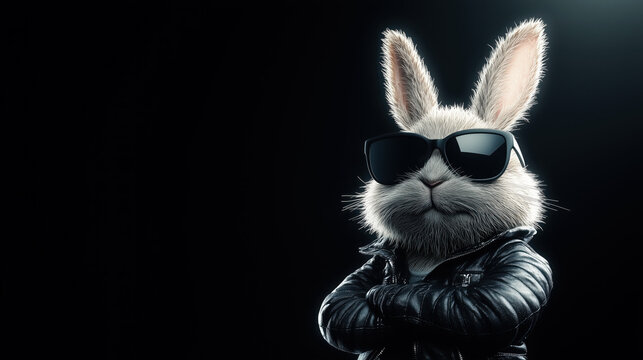 Serious Hipster Easter Rabbit in Black Sunglasses on Black Background Banner