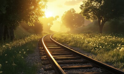 Fototapeta premium Golden sunset illuminates quiet railway tracks in a serene landscape surrounded by grass and trees during early