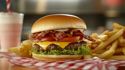 Juicy bacon cheeseburger fries milkshake diner