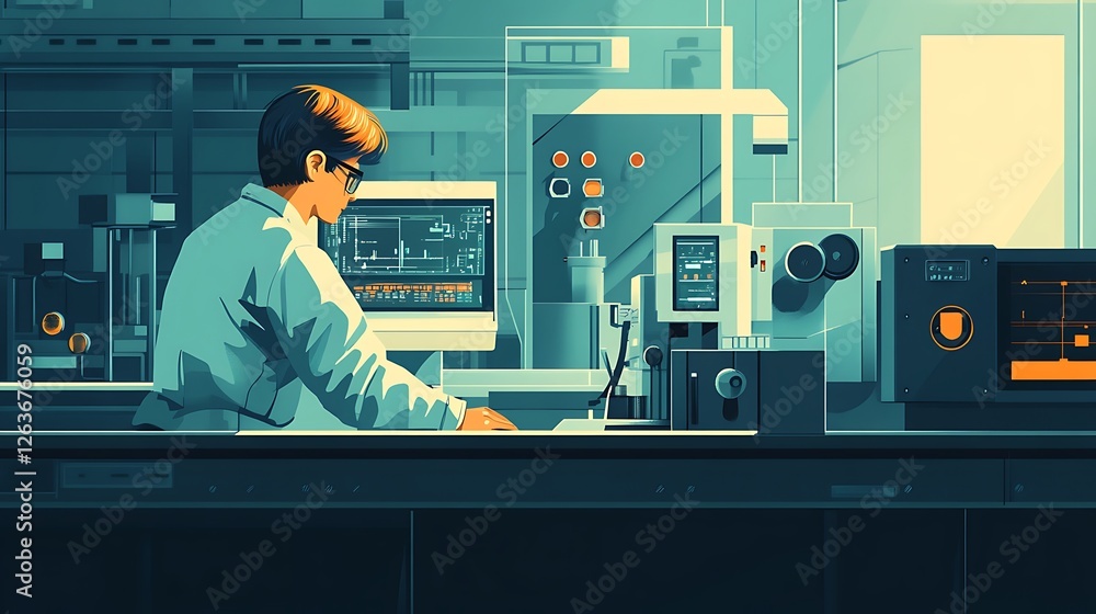 Poster Scientist working at a computer in a modern laboratory.