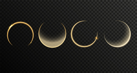 Mystical, magic light, glowing rings. Halo effect. Solar or moonlight shining golden circles  isolated on transparent backdrop