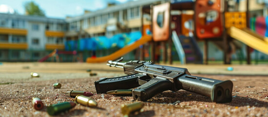 low angled shot of gun and ammo on the floor of a school playground, school shooting, active shooter concept