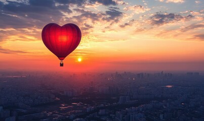 Fototapeta premium Heart-shaped balloon floating above a city at sunset