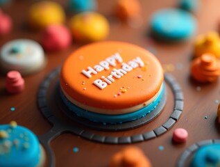 Orange happy birthday cake celebrating special occasion