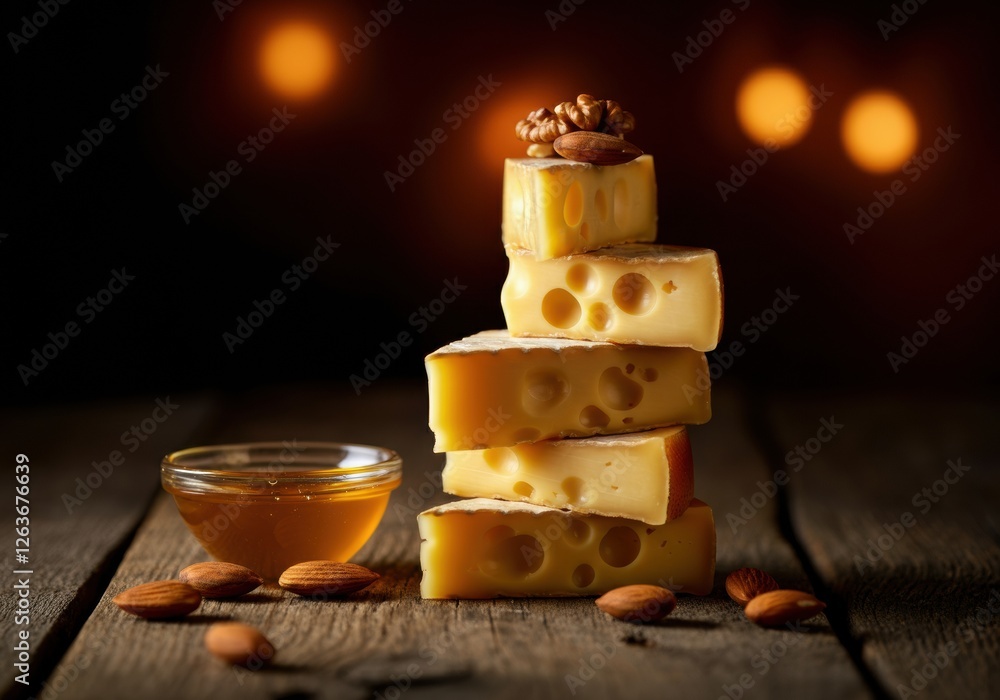 Poster stack of cheese slices with honey and almonds on a rustic wooden table