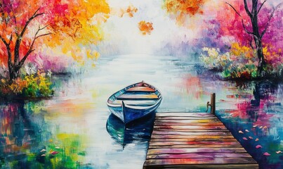 Obraz premium Serene boat on still water with vibrant pastel colors and wooden dock.