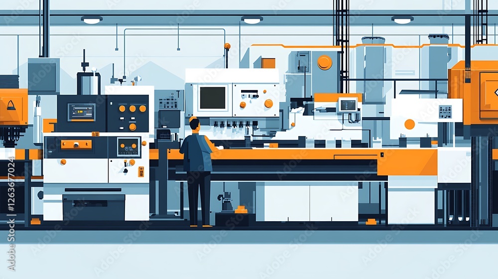 Poster a man oversees a complex, automated industrial production line with numerous machines and control pa