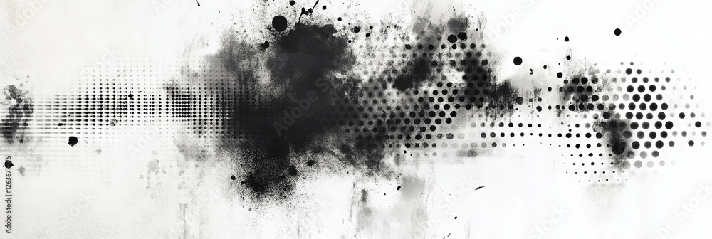 Poster mottled black and white texture with concentrated dots and shadows creating chaotic patterns