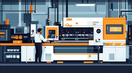 Factory worker operating automated industrial machinery in a modern manufacturing plant.