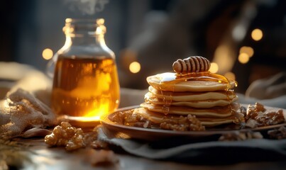 Cozy still life with fluffy pancakes topped with honey and nuts, styled to emphasize comfort and rustic simplicity