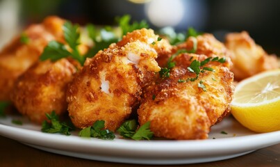 Crisp, golden-fried fish served with a side of fresh herbs and lemon, styled for a rich and mouthwatering seafood display