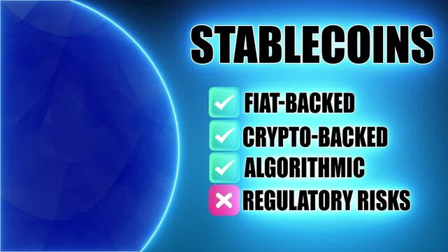 Stablecoins - Cryptocurrency term - Black text on blue neon background with animation