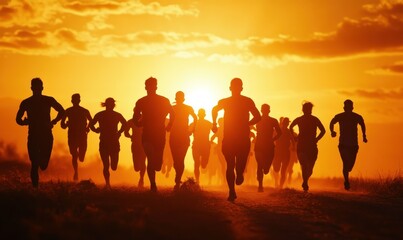 Fototapeta premium Dynamic group of runners silhouetted against a golden sunrise, their energy and determination radiating, symbolizing health and perseverance