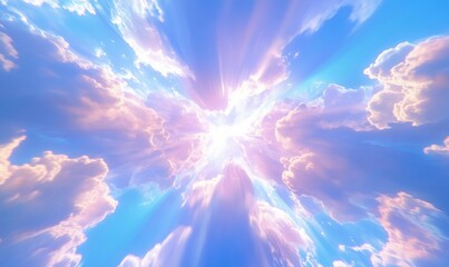 Fototapeta premium Dynamic cloudscape with rays of sunlight breaking through vibrant blue skies, capturing the beauty of nature in motion