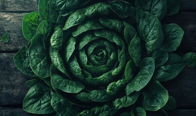 Obraz premium Fresh spinach leaves arranged in an artistic spiral pattern on a rustic wooden table, their deep green tones enhanced by natural light.